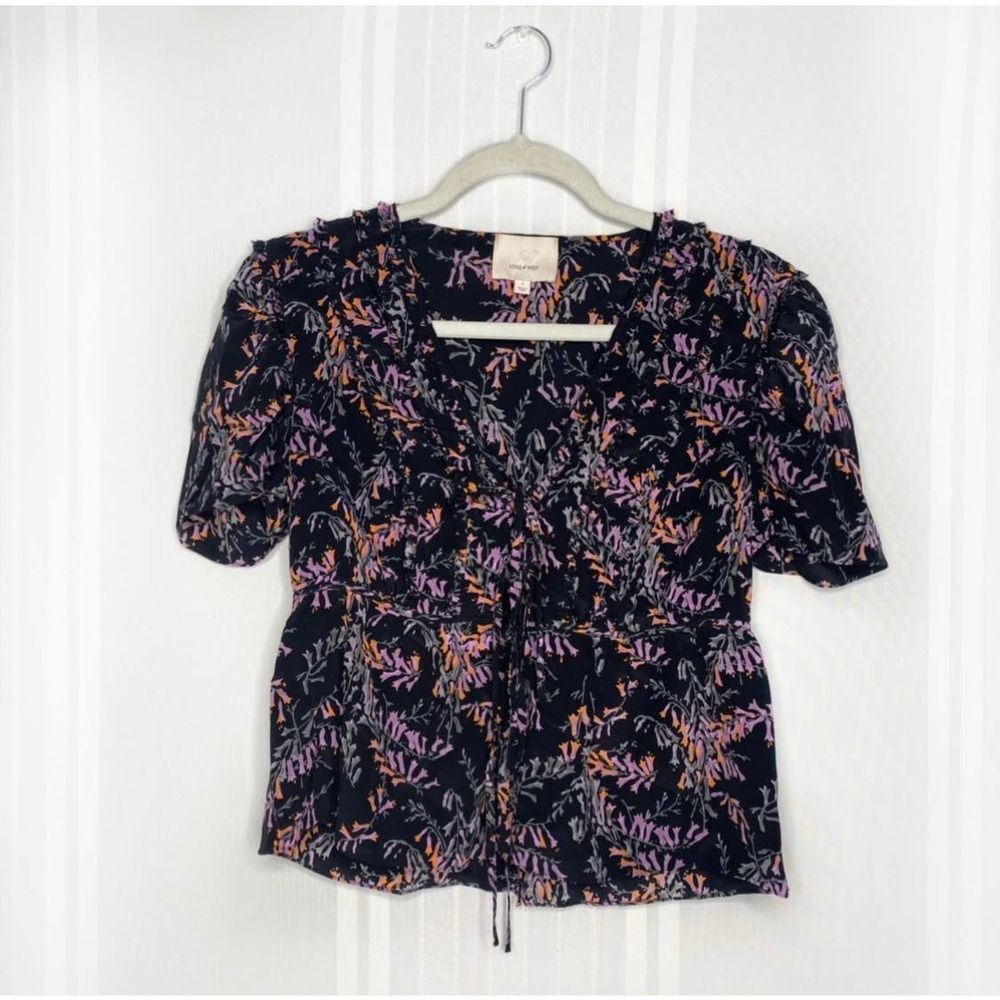 Cinq a Sept Snapdragon Keira Silk Floral V-Neck Blouse Short Sleeve Small Top - Picture 2 of 11